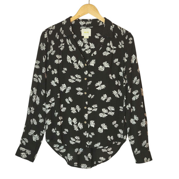 Anthropologie Maeve Black White Bow Print Shirt Long Sleeve Feminine Blouse 4 - Picture 1 of 16
